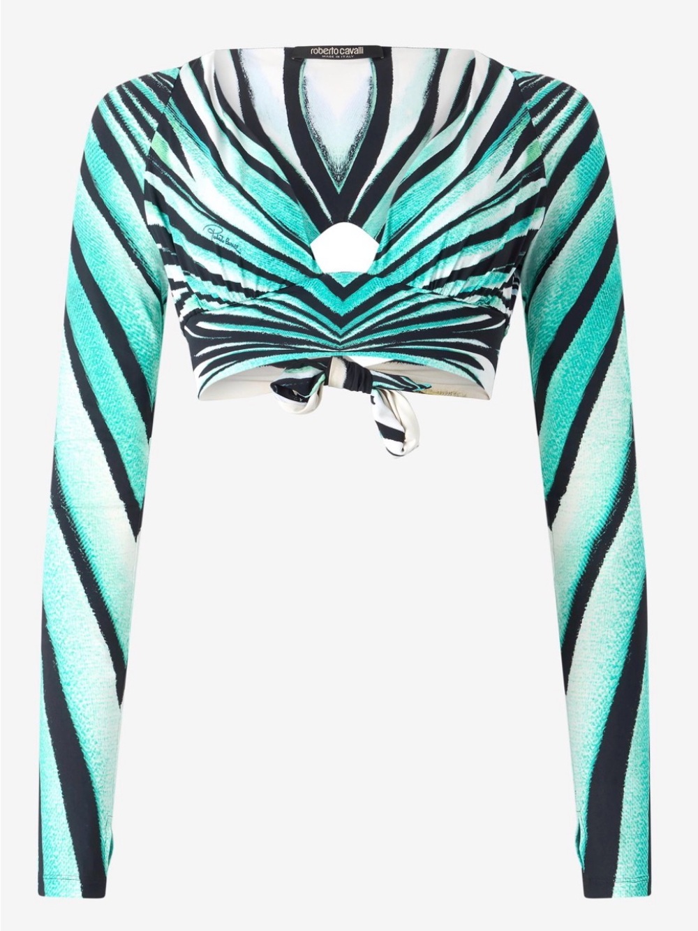 Roberto Cavalli Turquoise, Black & White Striped Wrap Crop Top